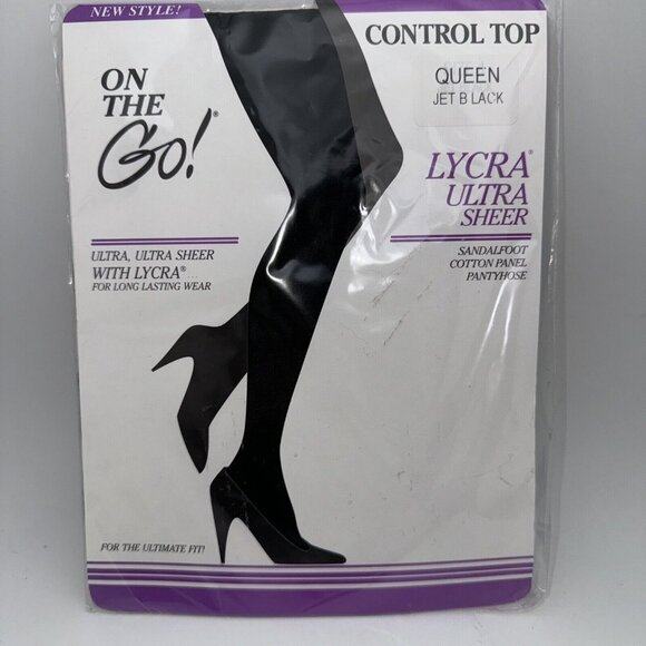 On the Go Pantyhose Control Top QUEEN Lycra Ultra Sheer Jet Black Foot VTG GR16 - Picture 1 of 2